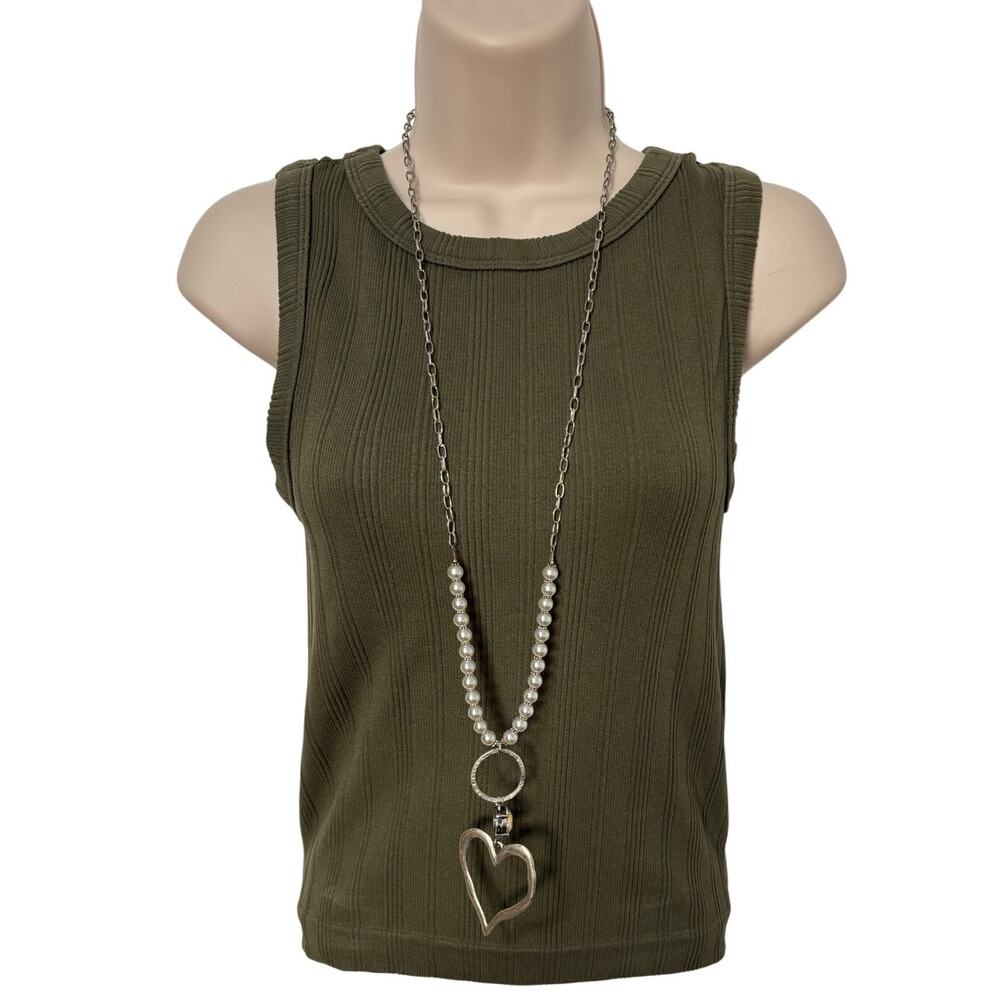 Women's Heart Pendant Charm Silver Chain Faux Pearl Necklace Statement BOHO Glam